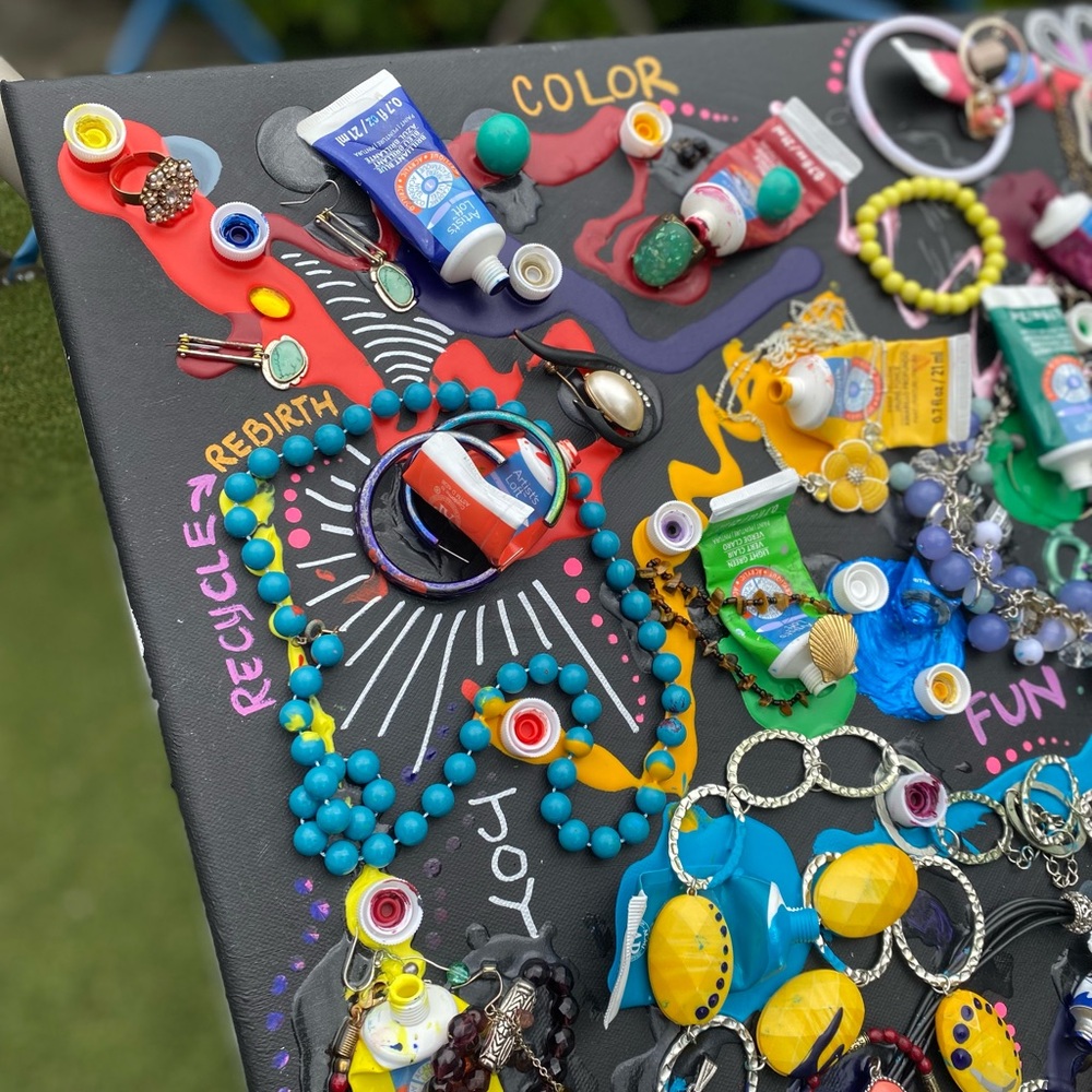 “Release & Rebirth” Colorful Original Artwork - acrylic + jewelry on canvas - Picture 4 of 11